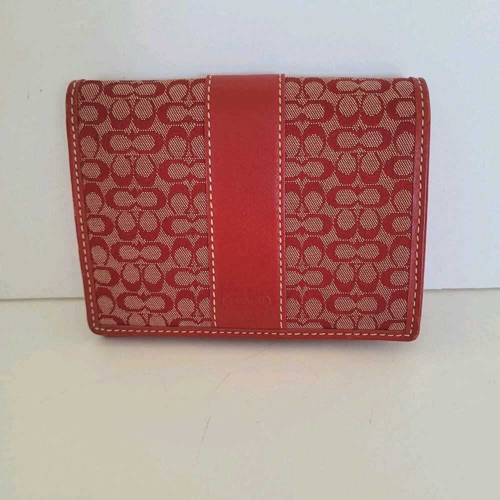 Coach Wallet Canvas Leather Signature Bifold 5x3 Medium Red‎ Compact Card Bill